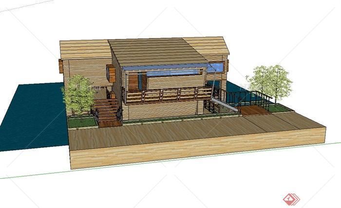 某现代风格全木质海上餐馆建筑设计su模型[原创]