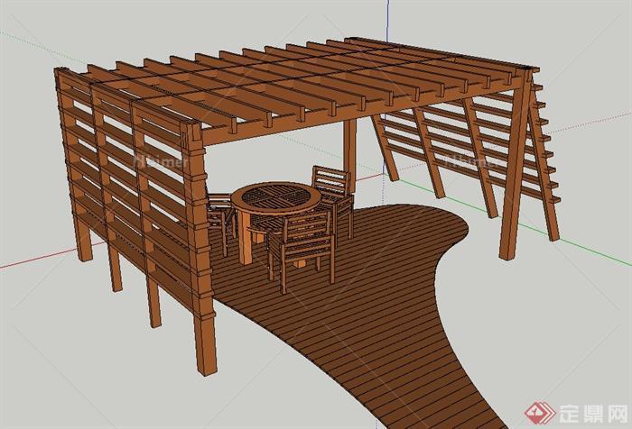 庭院景观节点木质梯形廊架桌椅设计SU模型