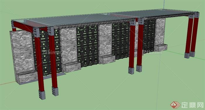 现代中式廊架景墙组合设计SU模型
