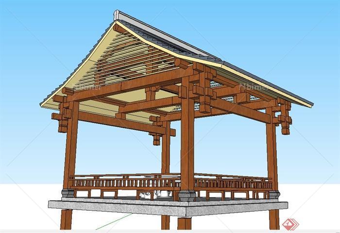 木质四角观水亭设计SU模型