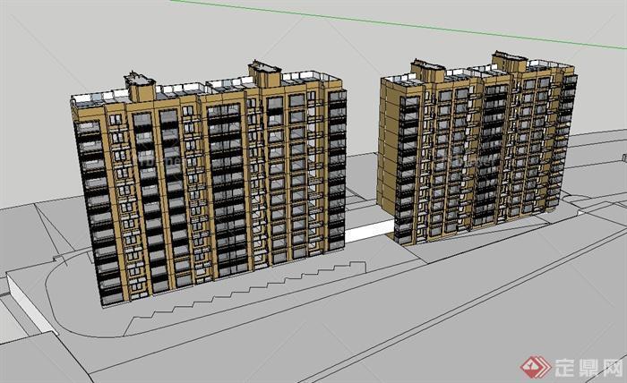 某现代风格多层一梯两户住宅楼建筑设计su模型[原