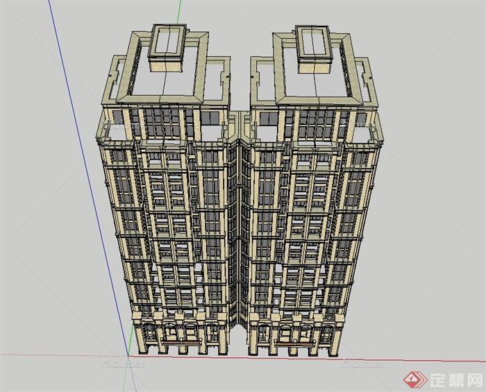 现代风格双拼高层住宅小区楼设计SU草图大师模型