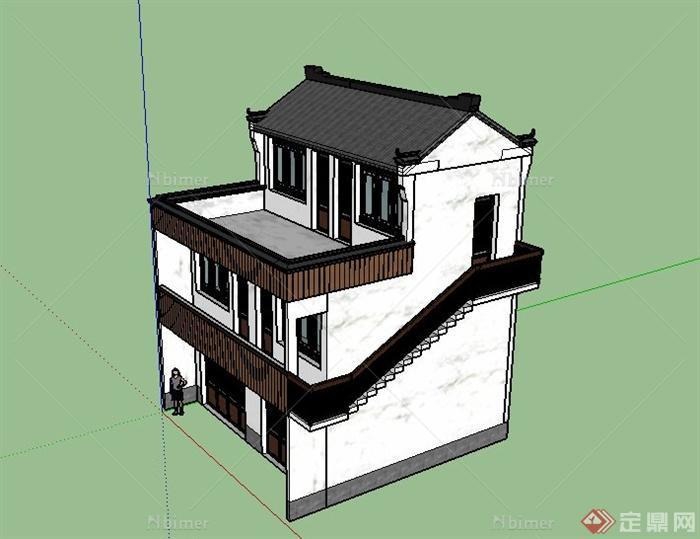 某古典中式三层商住房建筑设计SU模型