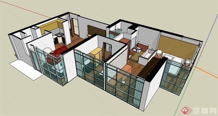 现代风格一室一厅住宅室内设计su模型