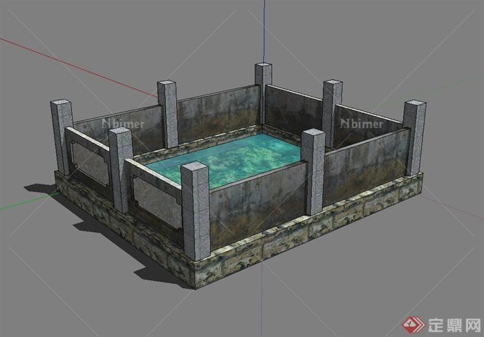 中国古典中式风格寺庙水池设计su模型[原创]