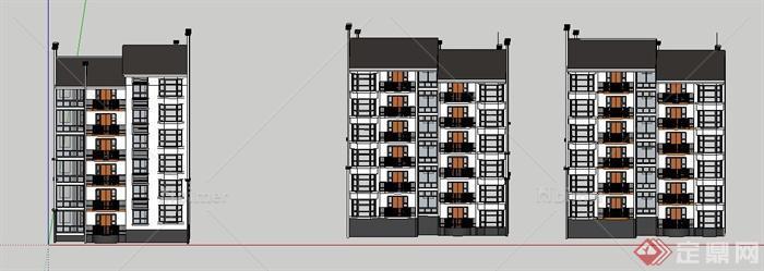 三栋新中式多层住宅楼建筑设计su模型[原创]