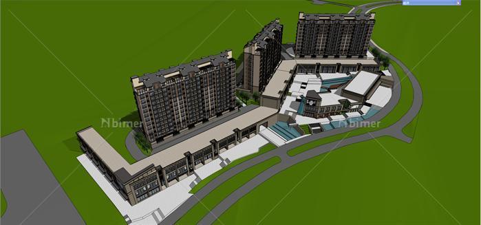 某欧式山地住宅楼、商业广场建筑设计方案SU模型