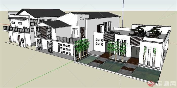 现代中式风格商铺餐馆建筑设计su模型