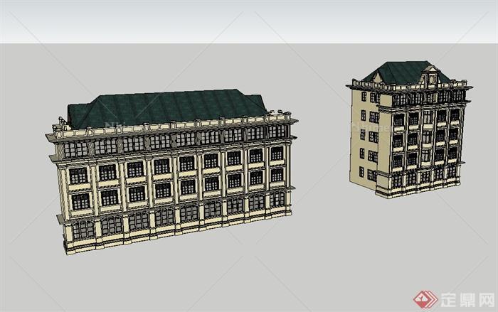 欧式风格两栋酒店建筑设计su模型[原创]