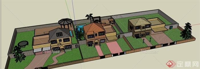 某欧式三栋别墅建筑庭院景观设计SU模型