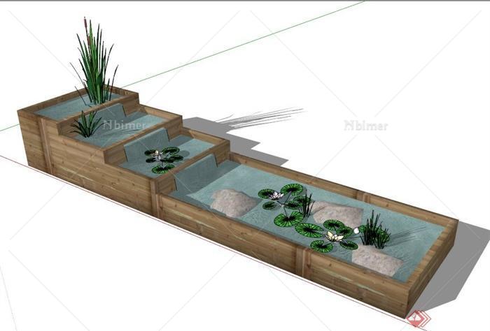 园林景观木制叠水池设计su模型