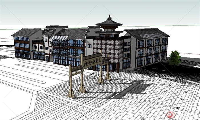 现代中式风格古镇商业楼建筑设计su模型[原创]