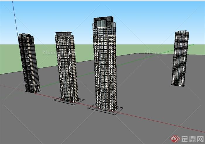四栋不同的高层住宅建筑楼设计SU模型[原创]