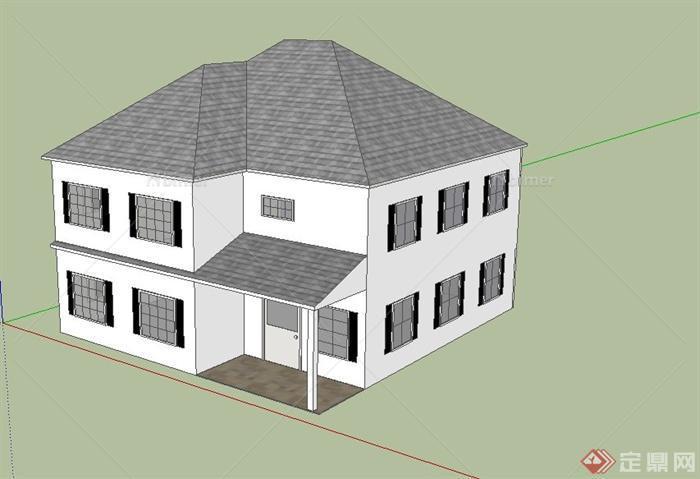 现代两层方形住宅建筑设计SU模型