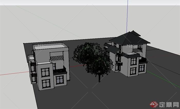 中式独栋小别墅建筑设计su模型[原创]