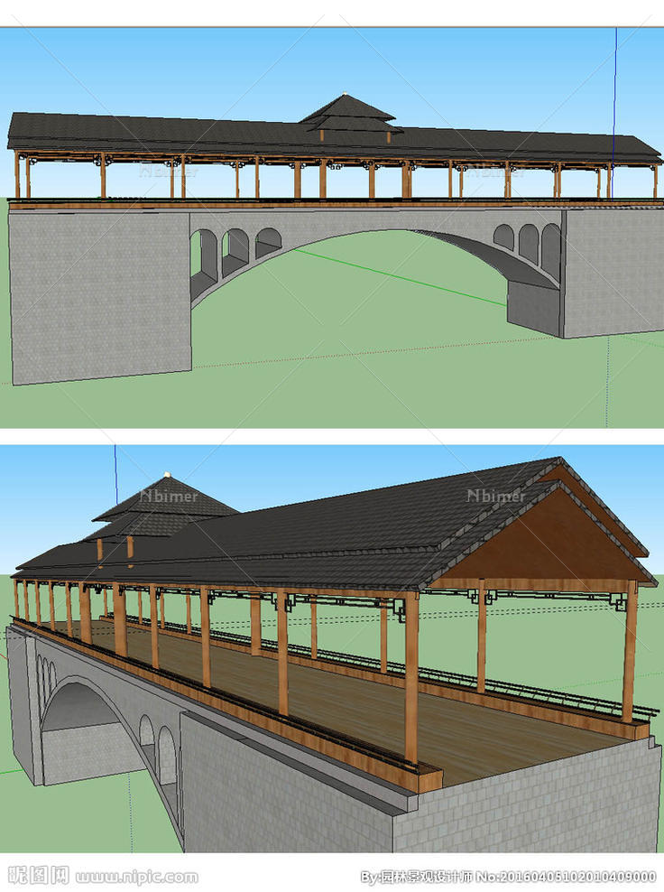 风雨桥建筑景观草图大师SU模型图片