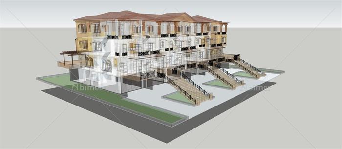 西班牙风格多层别墅建筑设计SU模型(含CAD 效果图