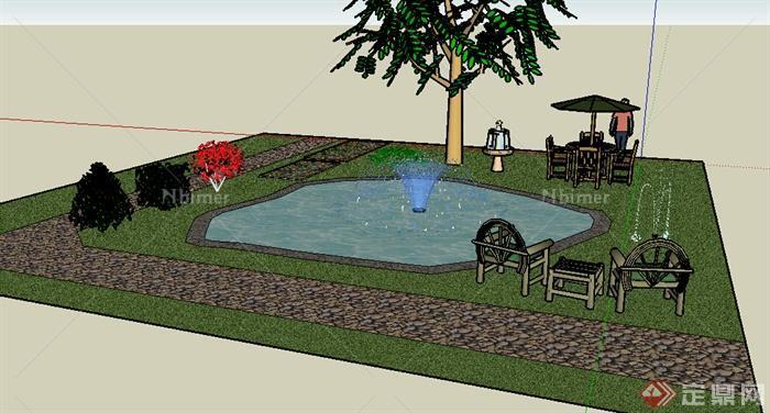 某室外庭院花园水景SU模型素材