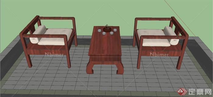 某古典中式两人茶桌椅设计SU模型