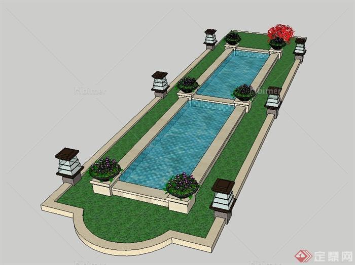 某现代风格小区入口中庭水池设计su模型[原创]