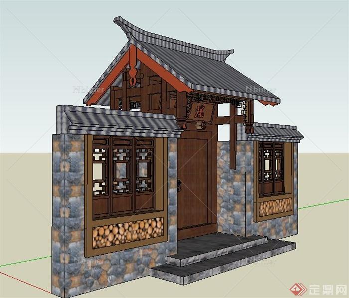古典中式建筑庭院入口花锤门设计SU模型