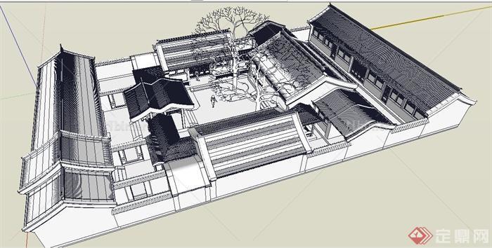 两款中式风格四合院住宅建筑设计su模型