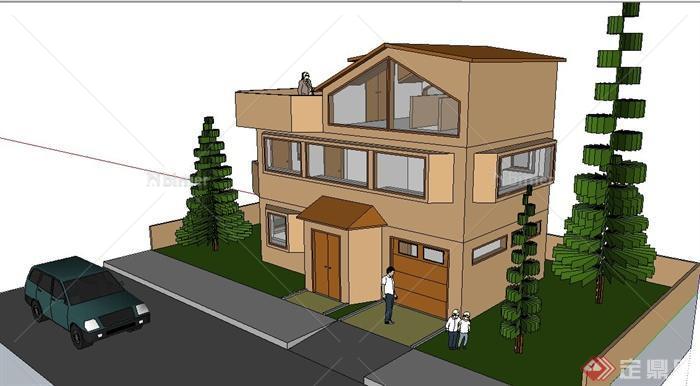 现代简约两层半别墅住宅建筑设计su模型