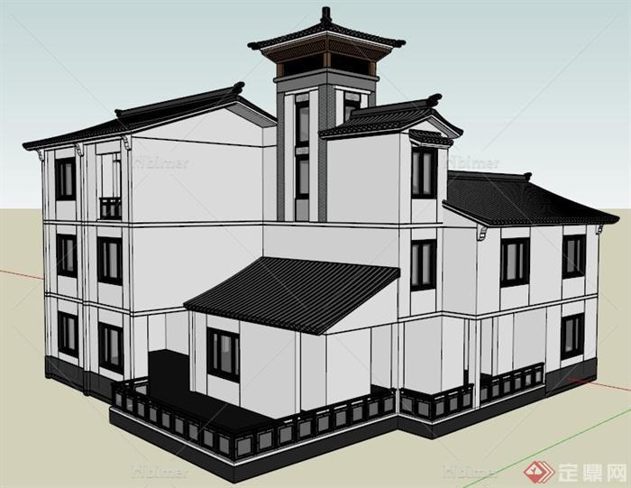 现代中式风格豪华别墅建筑设计su模型