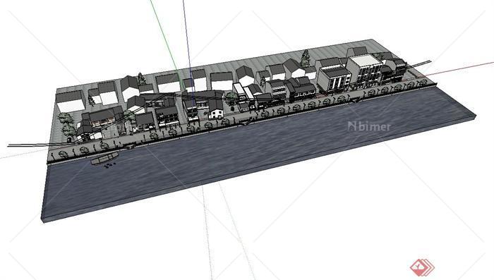 现代中式沿河商业街建筑设计su模型