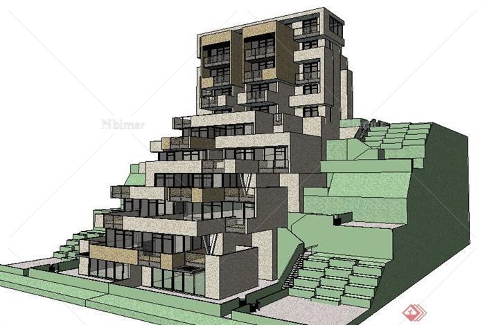 现代山地公寓住宅楼建筑设计su模型[原创]
