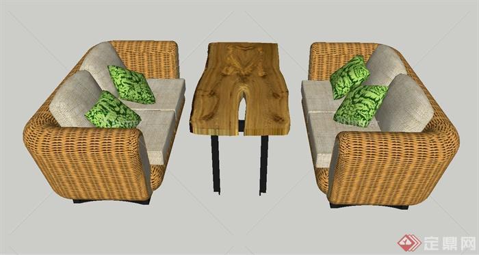 室内藤编沙发与木桌子设计SU模型