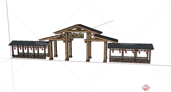 全木质古典中式公园大门入口设计su模型