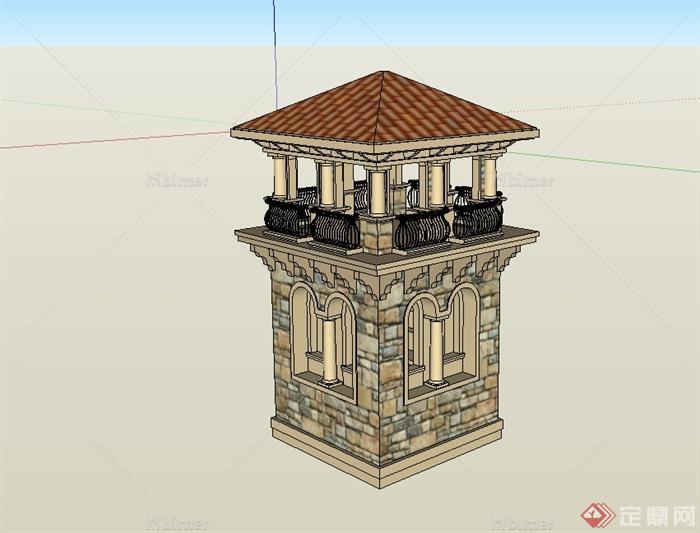 欧式风格门卫室塔楼建筑设计su模型[原创]