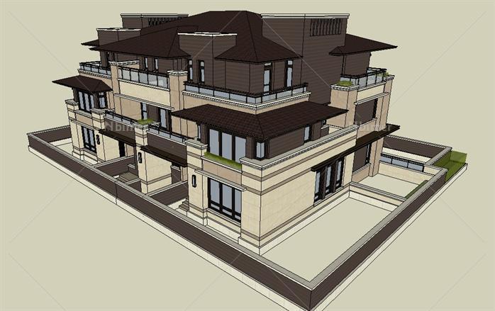 重庆某三联排新古典风格别墅建筑设计方案SU模型