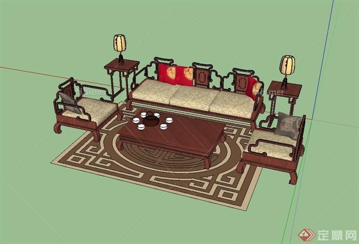 现代中式风格客厅茶桌椅组合设计su模型