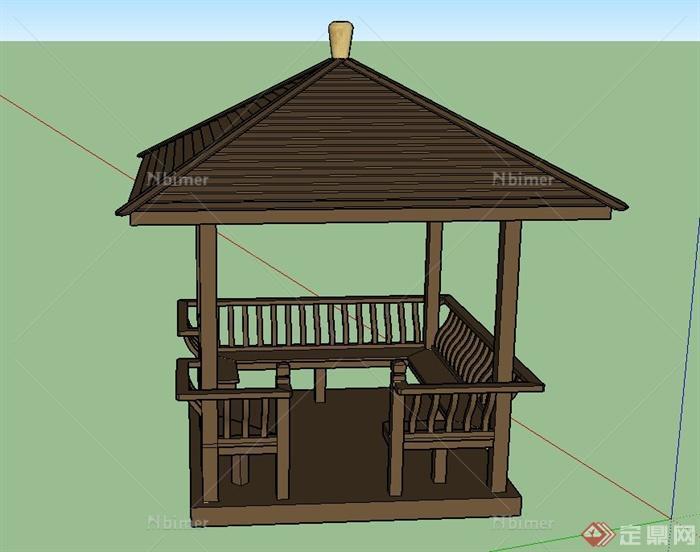 园林景观木制四角凉亭设计SU模型