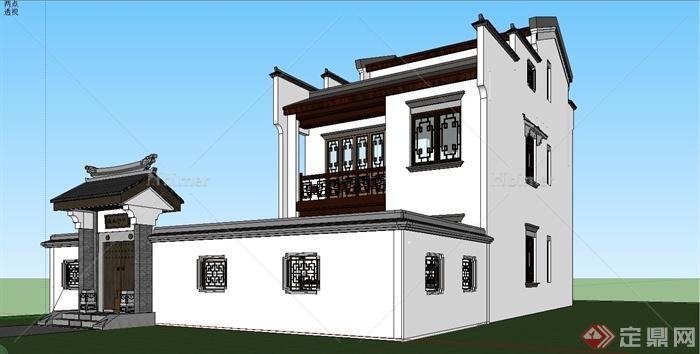 某精致现代中式风格徽派独栋别墅建筑设计SU模型