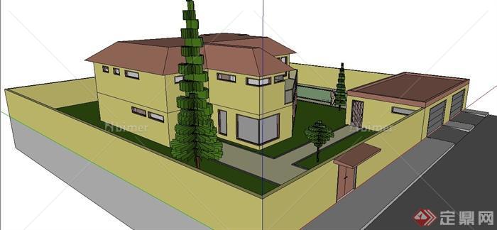 现代风格二层小别墅及庭院设计su模型