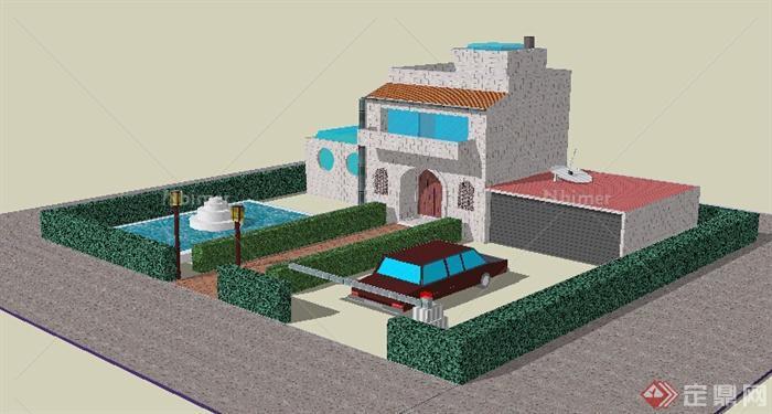 现代自建住宅两层建筑带庭院设计SU模型