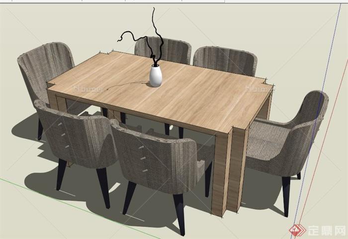 现代简约木制六人餐桌椅su模型