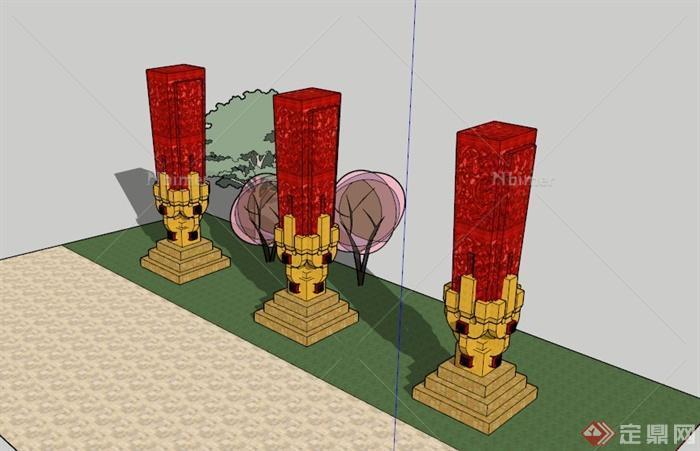 三个中式景观柱雕塑组合设计SU模型[原创]