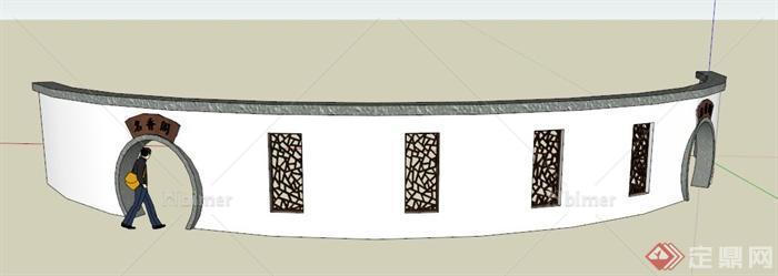 现代中式弧形围墙设计su模型