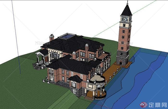 某两层欧式滨水别墅建筑设计SU模型