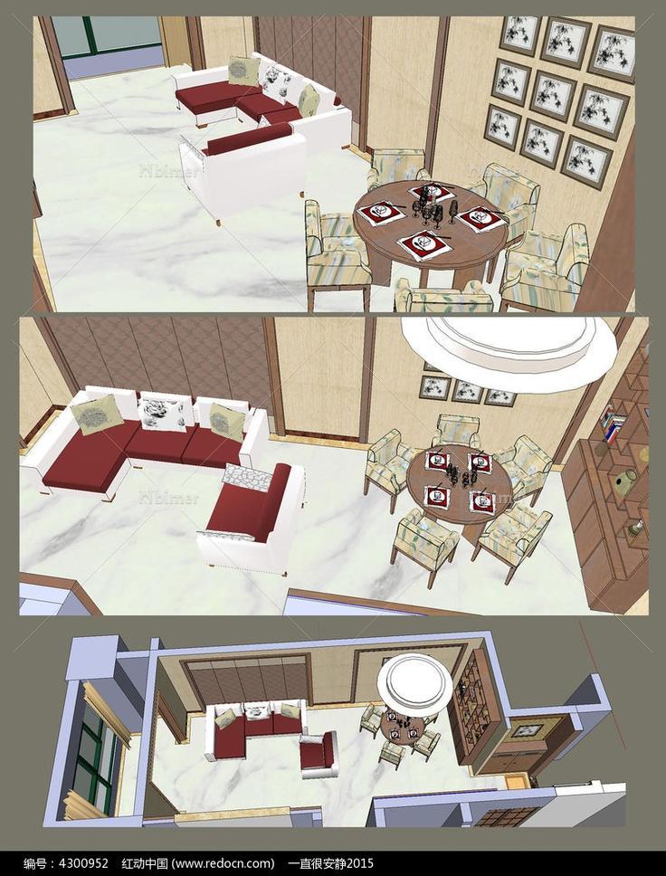 中式室内客厅房间SU模型设计