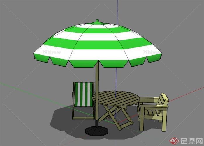 白绿条纹户外遮阳伞桌椅组合SU模型[原创]