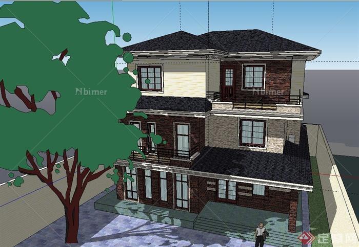 农村自建三层现代别墅建筑设计SketchUp模型[原创