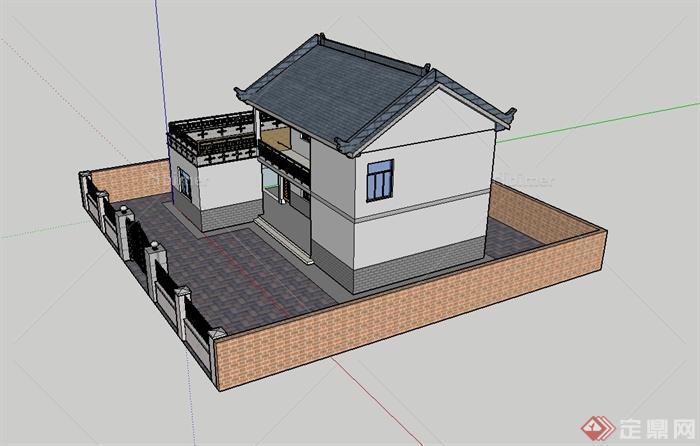 现代中式风格农村独栋住宅楼设计su模型[原创]