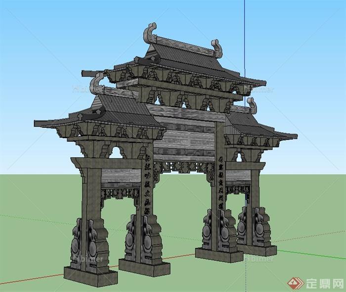 古典中式三房四柱石牌坊设计SU模型