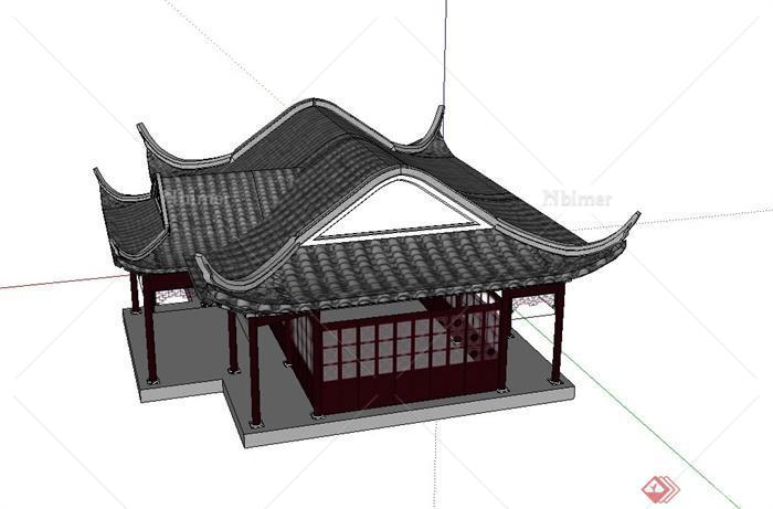 古典中式单层翘檐茶室建筑设计SU模型