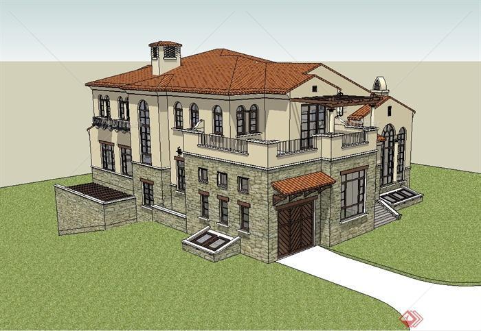 某欧式西班牙多层坡地长方形住宅别墅建筑设计su